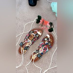 Sam Edelman Boho Aztec Lace Up Gladiator Neon Tassel Adjustable Sandals